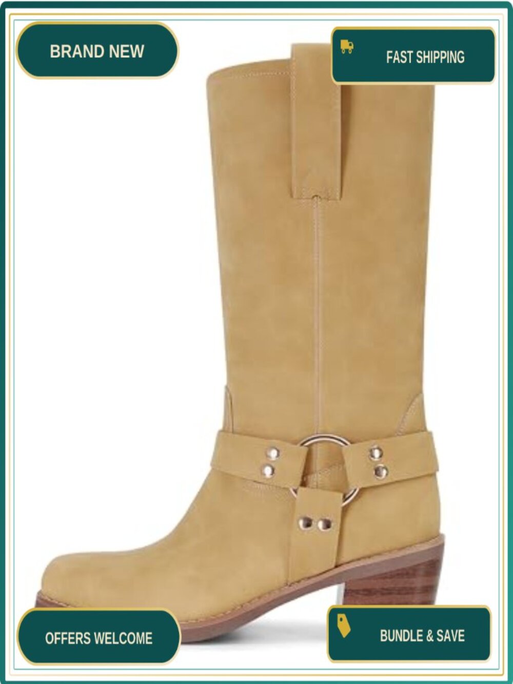 Faux Leather Square Toe Mid-Calf Biker Riding Boots Chunky Block Heel